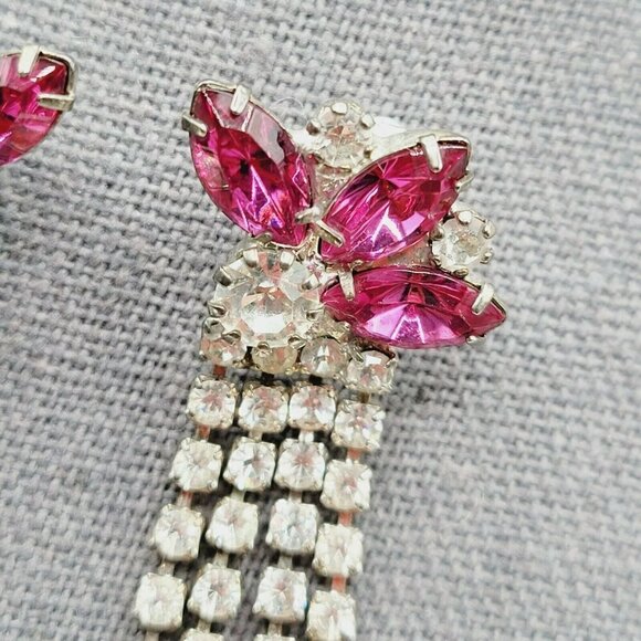 Vintage Rhinestone Drop Dangle Earrings Pink & Clear 2.25" Left Ear Right Ear - Picture 5 of 7